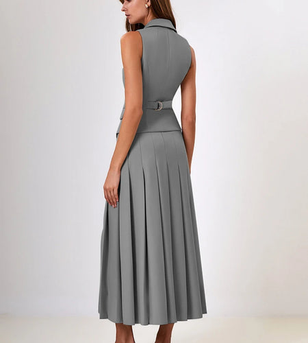 Autumn Two Piece Sets Women Double-breasted Vest And Split Skirt Matching Sets Fashion Long Pleated Skirt Two Piece Set