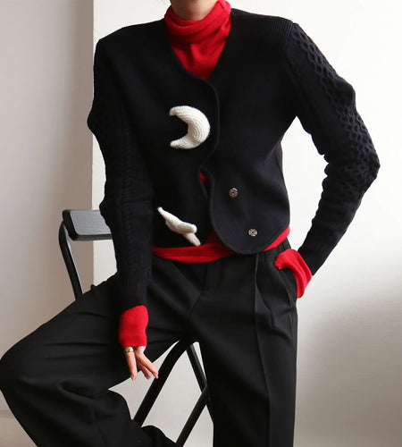 Y2K Moon Star Vintage Cardigans Fashionable Sleeve Women's Autumn Winter Sweaters Short Tops  C-125