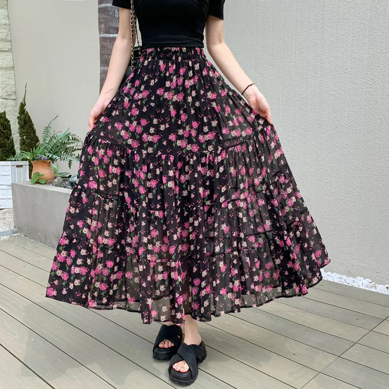 French Vintage Black Floral Ruffled High Waisted Vacation Pleated Long Skirt Women Elegant Party Skirt Clothes Spring Summer New