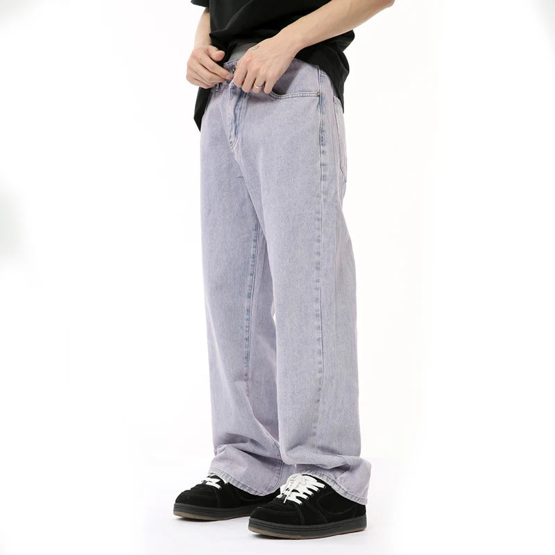 Male Light Purple Denim Pants American High Street Straight Wide Leg Loose Wash Men's Jeans Summer Chic Now 9C6690