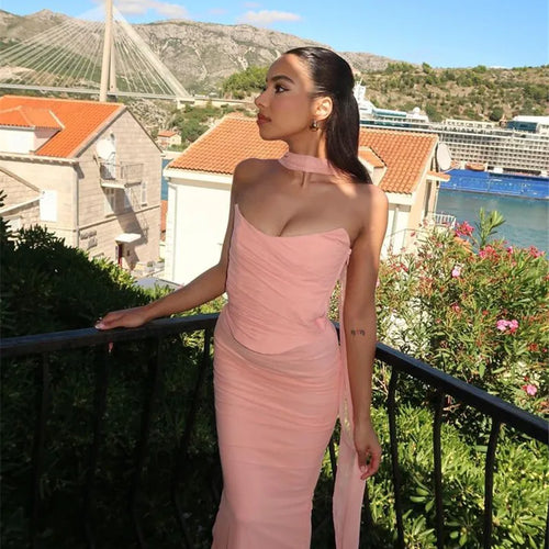 Load image into Gallery viewer, Sexy Two Piece Sets Women Neckerchief Strapless Crop Tops And Maxi Skirt Sets Sexy Club Party Skirt Two Piece Sets
