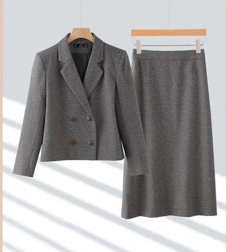 2024 Autumn Winter Suit New Women's Clothing Brown Gray Double Breasted Blazer Jacket And High Waist Long Skirt Two Pieces Sets