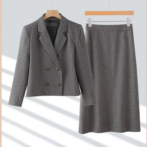 Load image into Gallery viewer, 2024 Autumn Winter Suit New Women&#39;s Clothing Brown Gray Double Breasted Blazer Jacket And High Waist Long Skirt Two Pieces Sets
