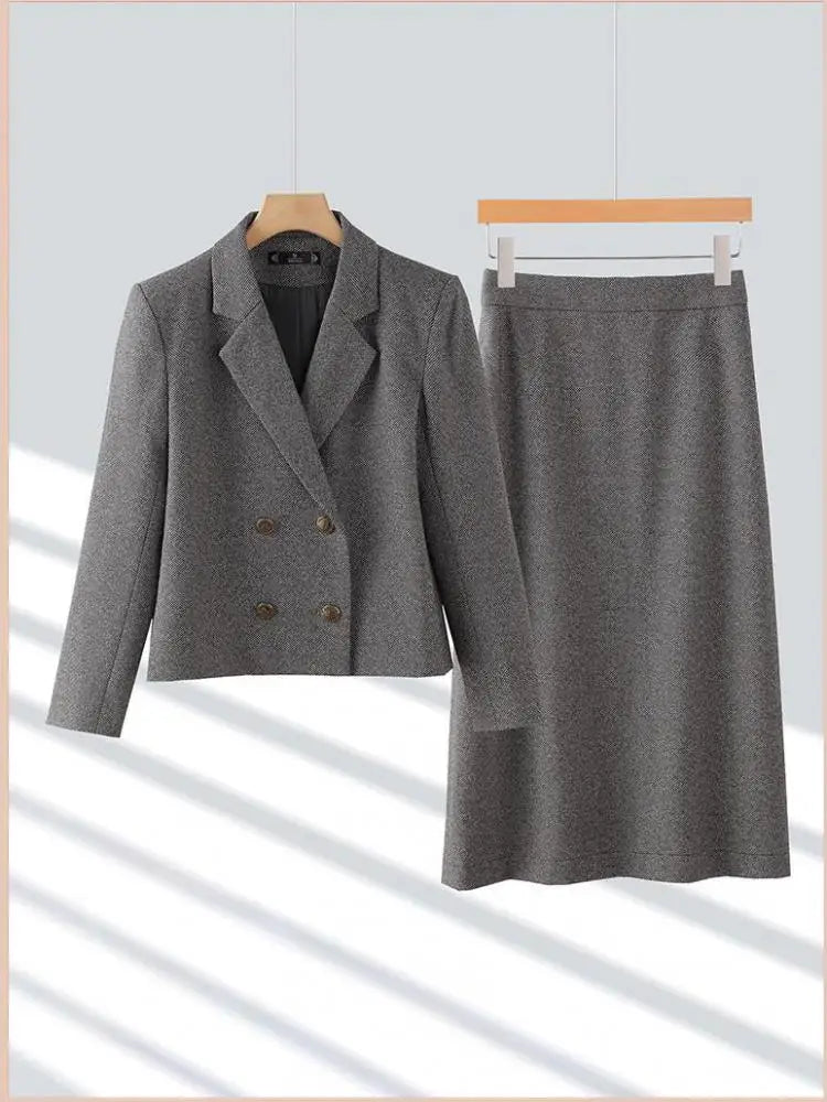 2024 Autumn Winter Suit New Women's Clothing Brown Gray Double Breasted Blazer Jacket And High Waist Long Skirt Two Pieces Sets