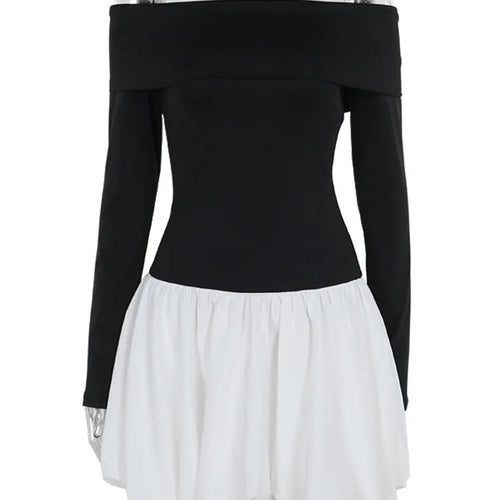 Load image into Gallery viewer, Off-shoulder Long Sleeve Sexy Mini Dress For Women Contrast Color Patchwork Strapless Backless A-line Sexy Dress
