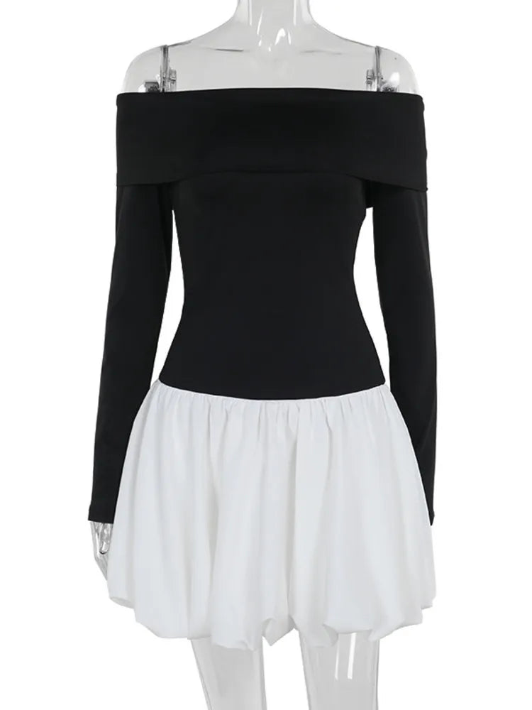 Off-shoulder Long Sleeve Sexy Mini Dress For Women Contrast Color Patchwork Strapless Backless A-line Sexy Dress