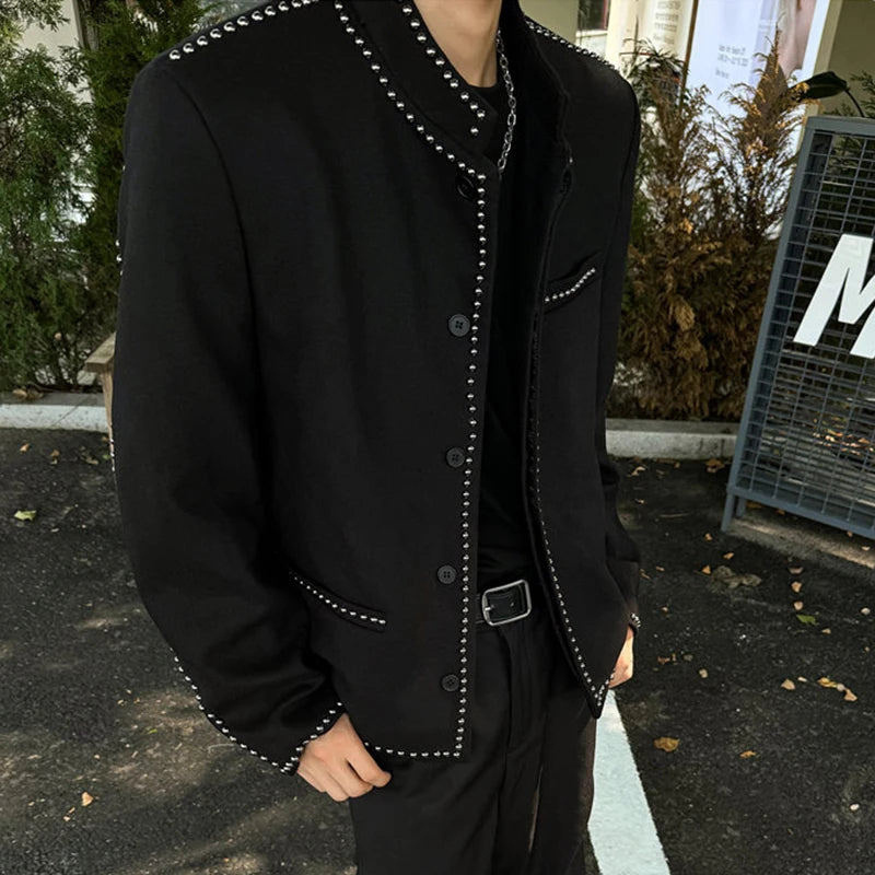 Korean Style Men's Jackets Stand Collar Rivets Design Solid Color Single Breasted Casual Short Male Coats Autumn 9C9207