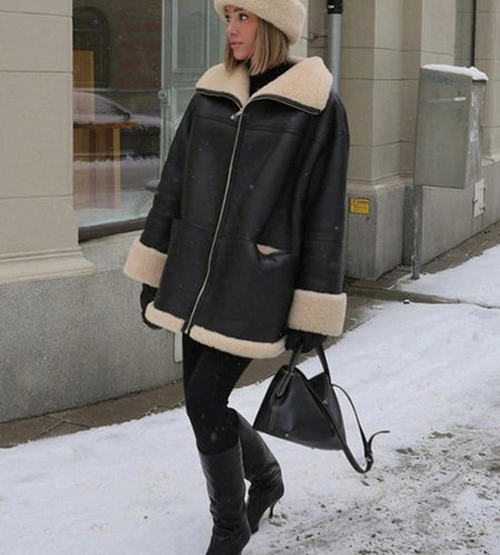 Fashion Autumn Faux Fur Coat Women Winter Long Sleeve Lapels PU Jackets Coats 2023 Loose Black Warm Jacket Outerwear Clothes