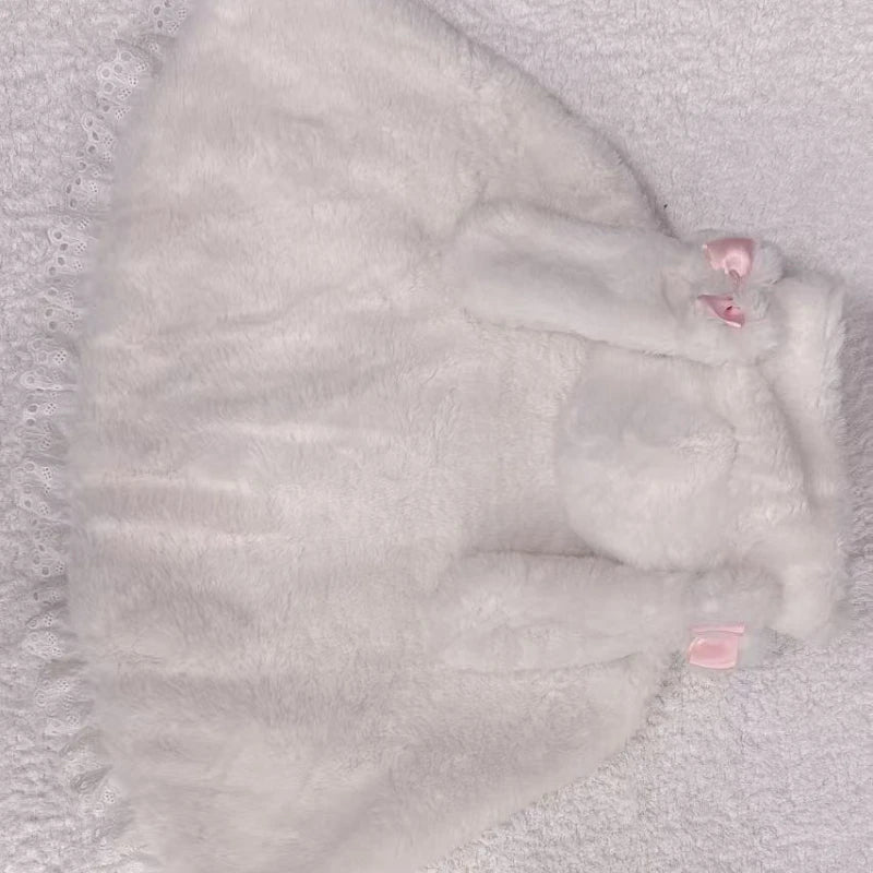 Lolita Kawaii Loose Sweet Hooded Cloak Coats Japanese Grunge Fluffy Bow Jackets Y2k Aesthetic Grunge Lace Patchwork Women Tops