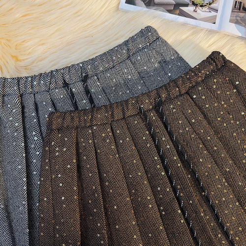 Load image into Gallery viewer, French Vintage Women Brown Sequin Elegant High Waist Versatile Short Skirt 2024 Autumn Winter Grey Pleated Half Mini Skirt Trend
