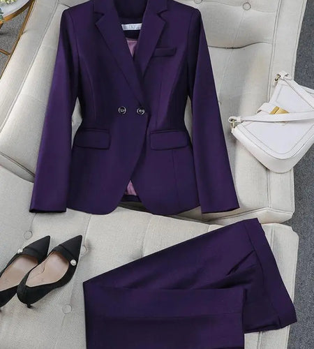 Autumn Winter 2024 New Black Gray Purple Elegant Double Breasted Blazer Top And Women High Waist Ankle-length Pant Two Piece Set