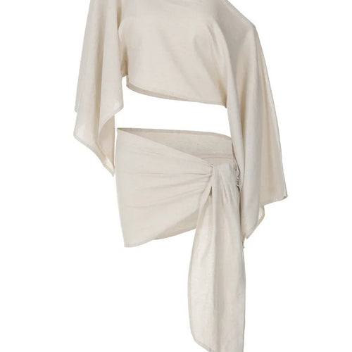 Load image into Gallery viewer, Sexy Skirt Two Piece Sets Women Skew Collar Cape Sleeve Crop Tops And Hot Skirt Matching Sets Sexy Beach Two Piece Set
