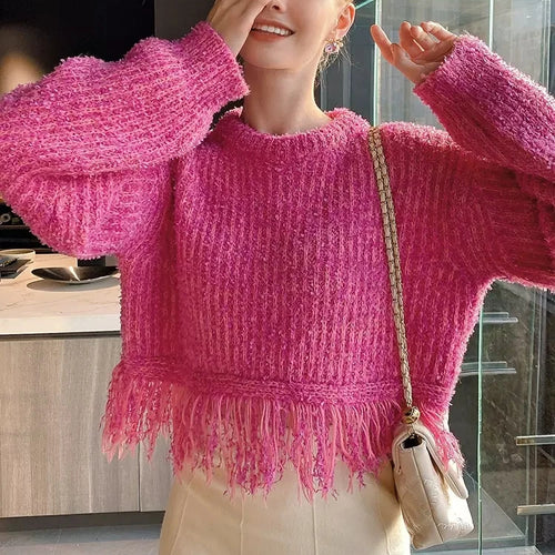 Load image into Gallery viewer, Y2K 90s Irregualr Tassels Sweater Females Round Neck Long Sleeve Korean Fashion Pullover Jumper 2023 New Fashion Clothes C-060
