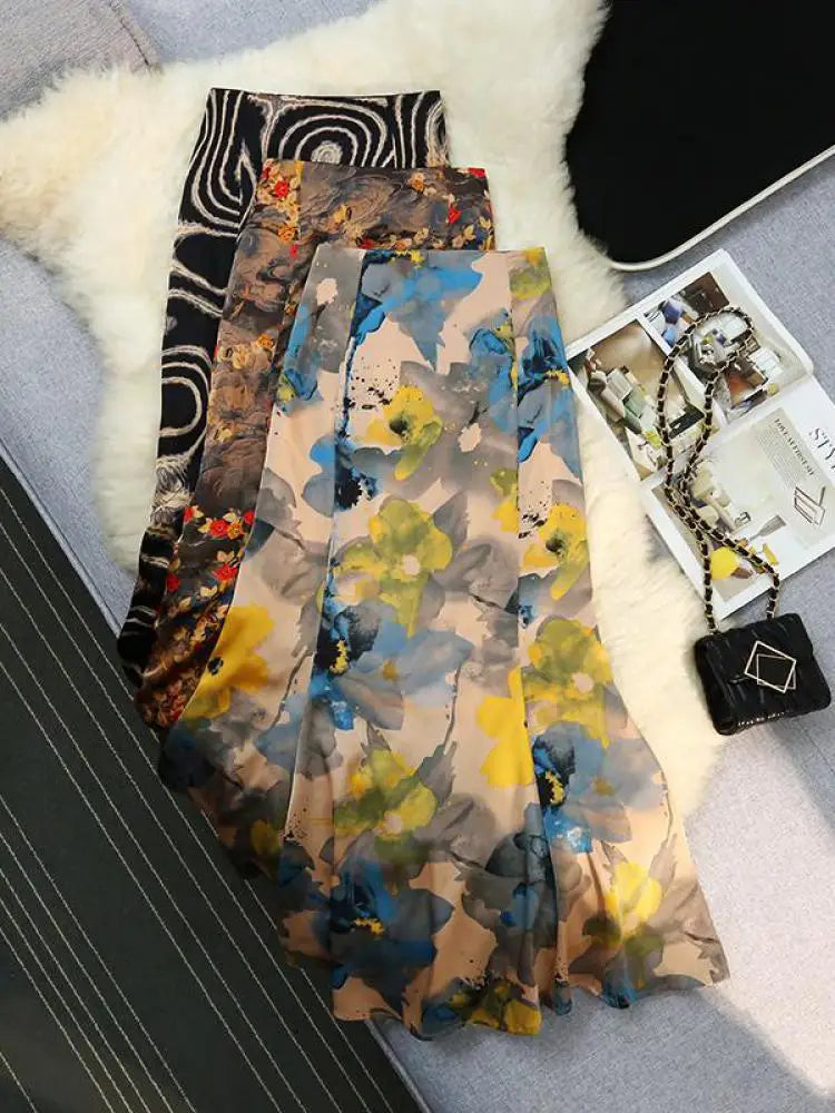 Vintage Women Fashion Bohemian Printed Slim Zipper Long Skirt Ladies Summer French High Waist Party Wrapped Hip Fishtail Skirts