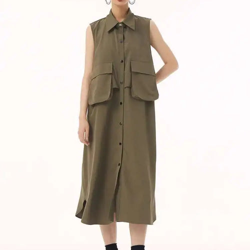 Load image into Gallery viewer, Women Black Shaped Pockets Big Size Midi Shirt Vest Dress New Lapel Sleeveless Fashion Tide Spring Autumn 2025 1DH9471
