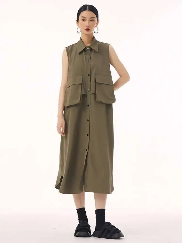 Women Black Shaped Pockets Big Size Midi Shirt Vest Dress New Lapel Sleeveless Fashion Tide Spring Autumn 2025 1DH9471