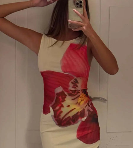 Mesh Floral Print Sexy Mini Dress Women Robe Summer New O Neck Sleeveless Slim Beach Holiday Bodycon Club Dress