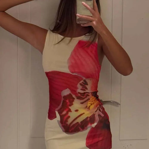 Load image into Gallery viewer, Mesh Floral Print Sexy Mini Dress Women Robe Summer New O Neck Sleeveless Slim Beach Holiday Bodycon Club Dress
