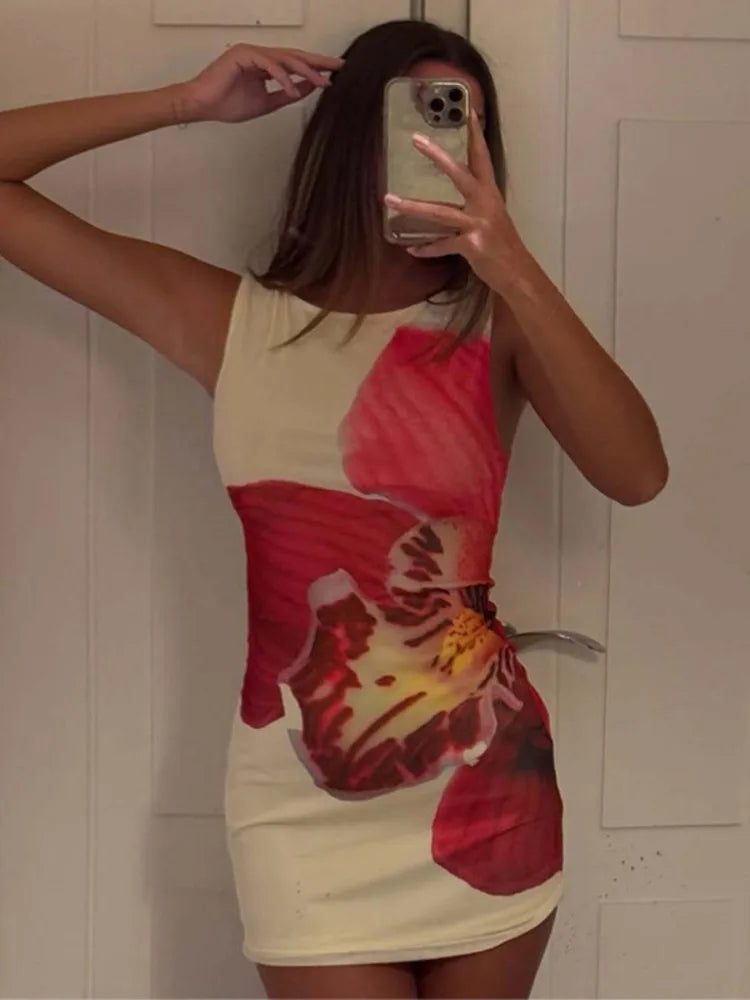 Mesh Floral Print Sexy Mini Dress Women Robe Summer New O Neck Sleeveless Slim Beach Holiday Bodycon Club Dress