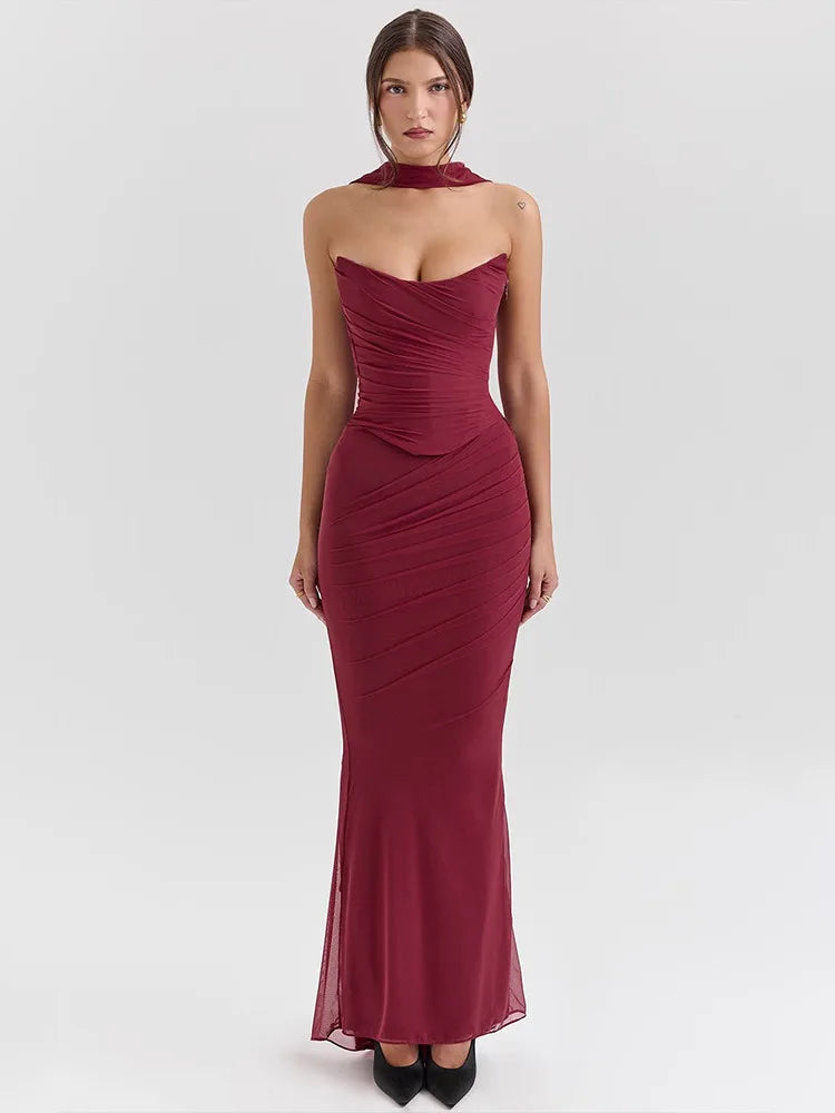 Elegant Strapless Fishbone Top Long Skirt Two-piece Set For Women 2024 Autumn And Winter Sexy New Slim Party Skirt Set