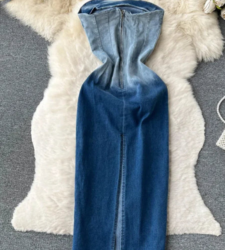 SINGREINY Summer Gradient Strapless Sexy Denim Dress Women Sleeveless Bodycon Jeans Sundress Fashion Split Backless Long Dress