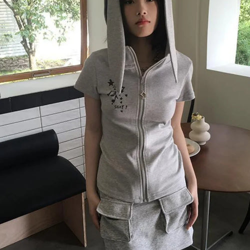 Load image into Gallery viewer, Kawaii Rabbit Ear Zipper T-shirts Y2k Aesthetic Slim Streetwear Korean Fashion Tees Short Sleeve Fairy Harajuku Hoody Top Women
