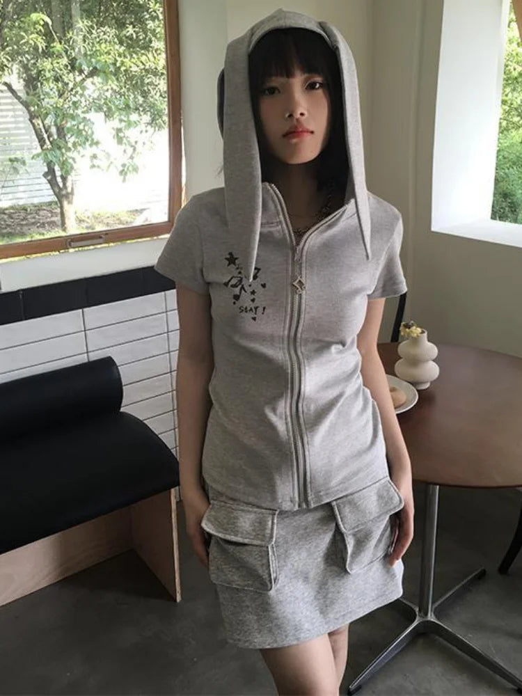 Kawaii Rabbit Ear Zipper T-shirts Y2k Aesthetic Slim Streetwear Korean Fashion Tees Short Sleeve Fairy Harajuku Hoody Top Women