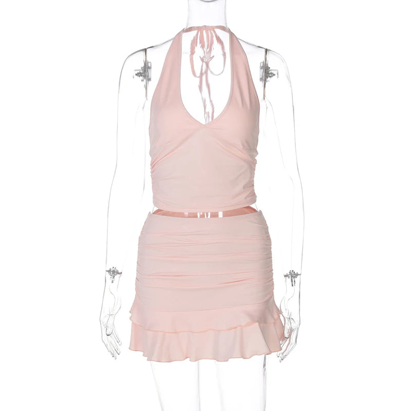 Sexy Solid Skirt Two Pieces Sets For Women Deep V-neck Neck-mounted Vest Tops And Short Skirt Sexy Two Pieces Sets