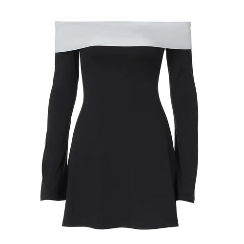 Load image into Gallery viewer, Off-shoulder Long Sleeve Mini Dress For Women Autumn Winter New Patchwork Strapless Backless A-line Sexy Dress Elegant
