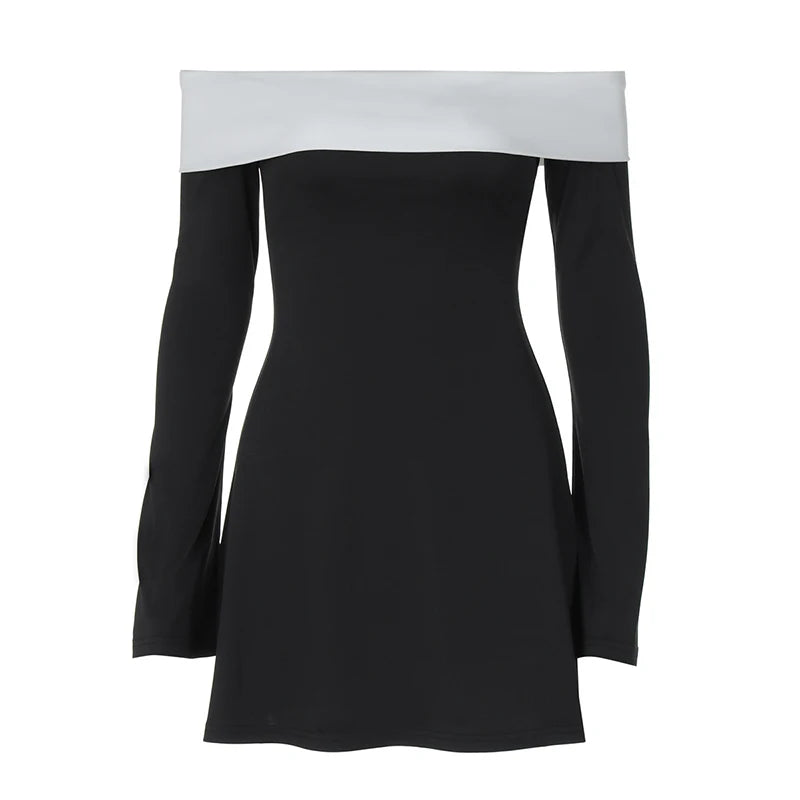 Off-shoulder Long Sleeve Mini Dress For Women Autumn Winter New Patchwork Strapless Backless A-line Sexy Dress Elegant