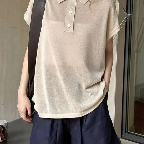 Load image into Gallery viewer, Women Apricot Thin Knitting Perspective Big Size T-shirt New Lapel Short Sleeve Fashion Tide Spring Summer 2025 1DH6129
