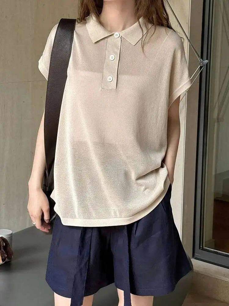 Women Apricot Thin Knitting Perspective Big Size T-shirt New Lapel Short Sleeve Fashion Tide Spring Summer 2025 1DH6129
