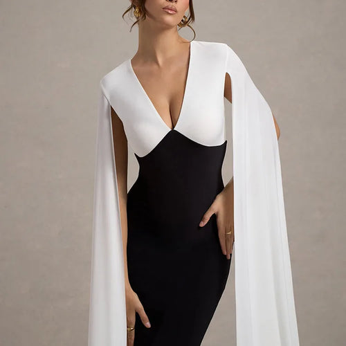 Load image into Gallery viewer, Elegant Patchwork Sleeveless Ribbon Bodycon Party Evening Dress Women Winter 2025 Sexy V-neck Tight Long Dress Vestido
