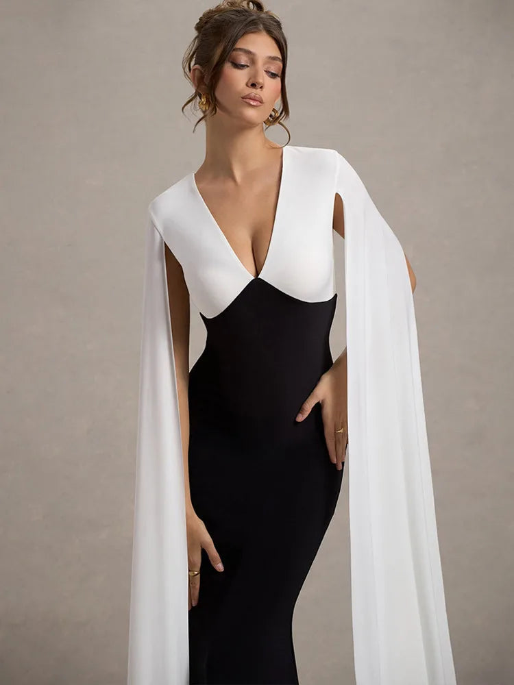 Elegant Patchwork Sleeveless Ribbon Bodycon Party Evening Dress Women Winter 2025 Sexy V-neck Tight Long Dress Vestido