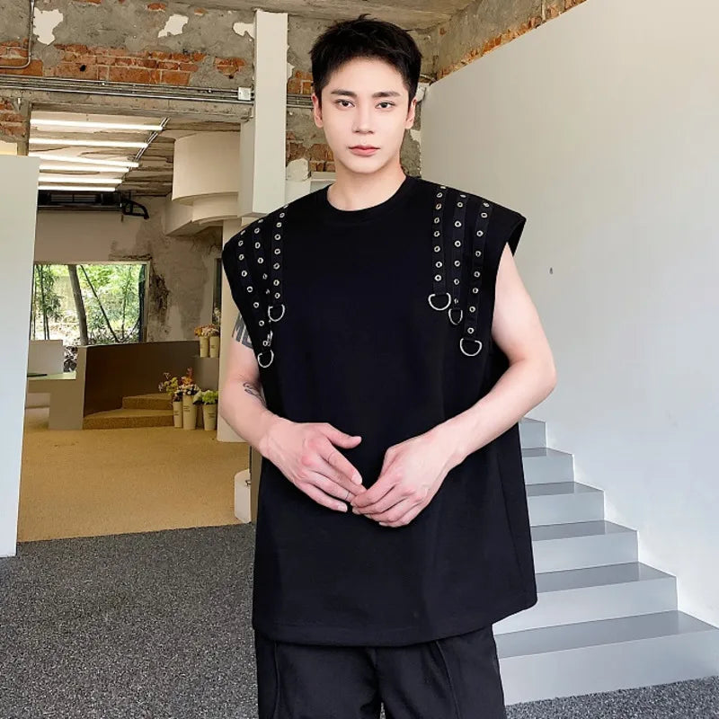 Summer Men's T-shirts Double Riveted Webbing O-neck Sleeveless Casual Male Tops Loose Clothing Fashion 9C6353