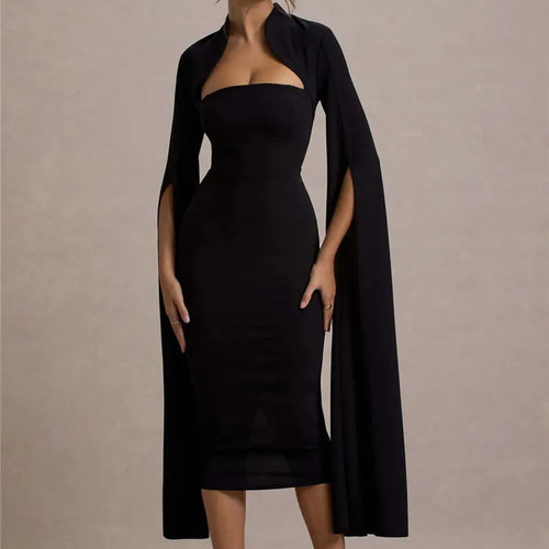 Load image into Gallery viewer, Cape Long Sleeve Sexy Midi Dress For Women Autumn Winter New Square Collar Back Slit Bodycon Club Party Long Dress
