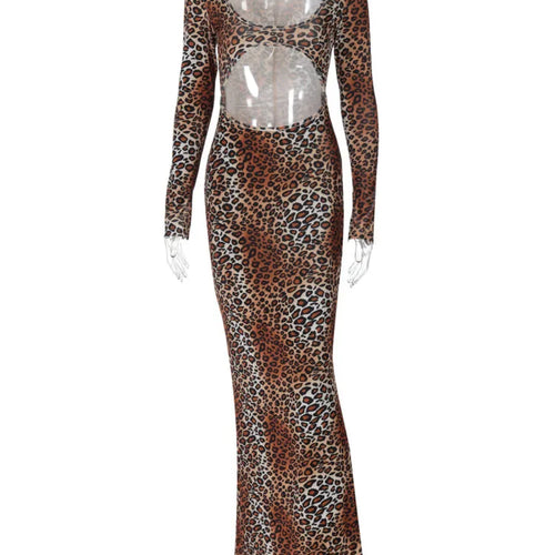 Load image into Gallery viewer, Leopard Print Long Sleeve Sexy Maxi Dress For Women Fashion Hollow Out Bodycon Printed Sexy Long Dress Elegant
