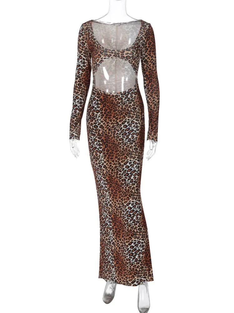 Leopard Print Long Sleeve Sexy Maxi Dress For Women Fashion Hollow Out Bodycon Printed Sexy Long Dress Elegant