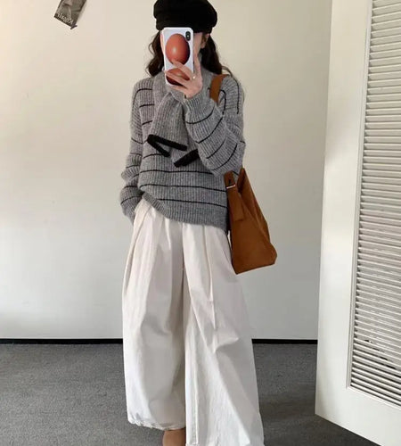 Korean Vintage Striped Long Sleeve Versatile Sweater Autumn Winter Women Short Loose Pullover Knit Tops And Scarf Casual Popular