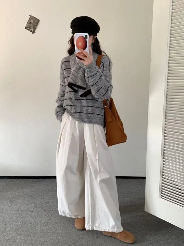 Korean Vintage Striped Long Sleeve Versatile Sweater Autumn Winter Women Short Loose Pullover Knit Tops And Scarf Casual Popular