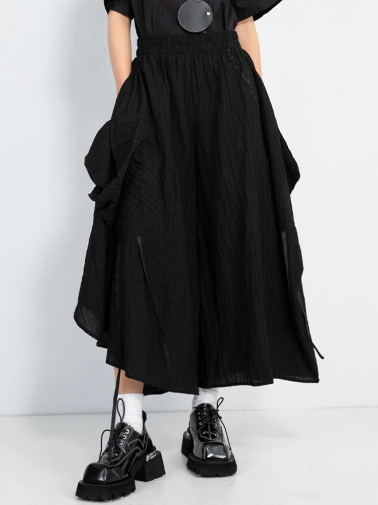 High Elastic Waist Black Pleated Pocket Irregular Wide Leg Pants New Trousers Women Fashion Spring Autumn 2025 1DJ1013