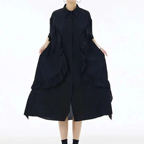 Load image into Gallery viewer, Women Green Irregular Ruffles Big Size Midi Shirt Dress New Lapel Short Sleeve Fashion Tide Spring Summer 2025 1DH6080
