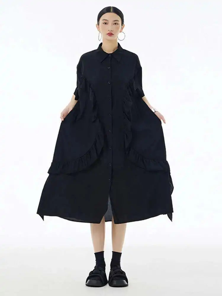 Women Green Irregular Ruffles Big Size Midi Shirt Dress New Lapel Short Sleeve Fashion Tide Spring Summer 2025 1DH6080