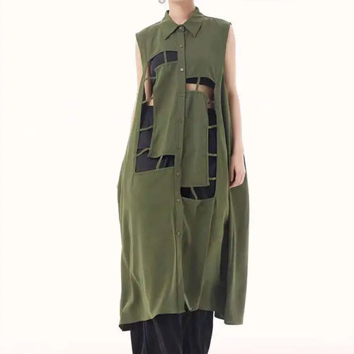 Load image into Gallery viewer, Women Army Green Hollow Out Big Size Midi Casual Dress New Lapel Sleeveless Fashion Tide Spring Summer 2025 1DH9512
