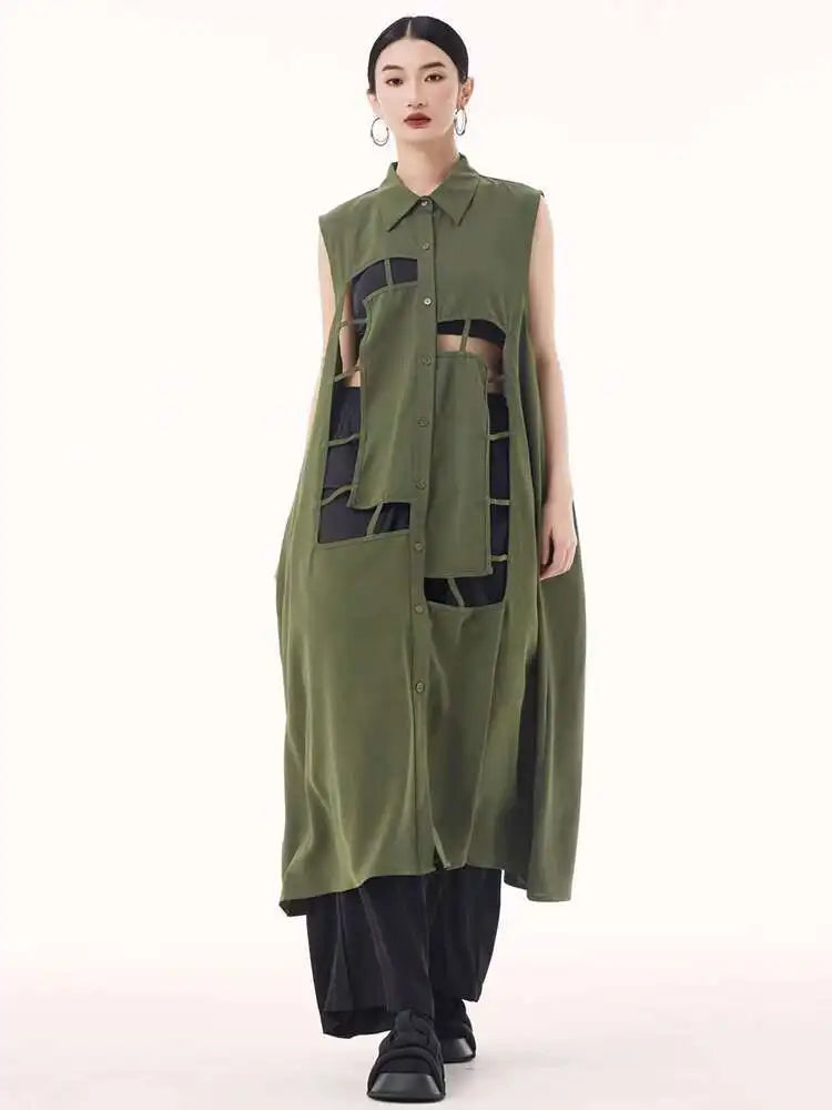 Women Army Green Hollow Out Big Size Midi Casual Dress New Lapel Sleeveless Fashion Tide Spring Summer 2025 1DH9512