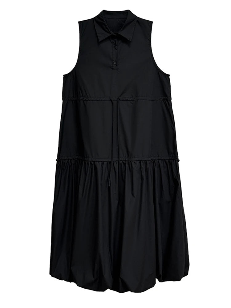 Women Black Brief Pleated Big Size Midi Bud Shirt Dress New Lapel Sleeveless Fashion Tide Spring Autumn 2025 1DJ0955