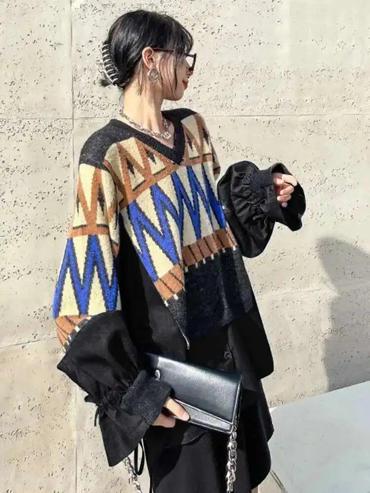 Pattern Denim Big Size Knitting Sweater Round Neck Long Sleeve Women Pullovers New Fashion Spring Autumn 2025  1DH0152