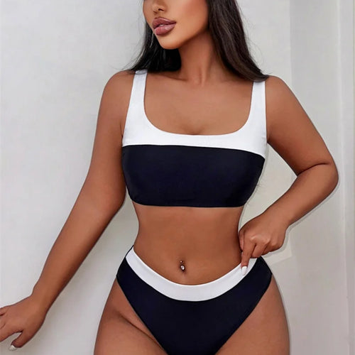 Load image into Gallery viewer, Black Patchwork Bandeau Swimwear Mid Waist Bikini Sets 2024 Sexy Women Swimsuit Brazilian Biquini Bathing Suit
