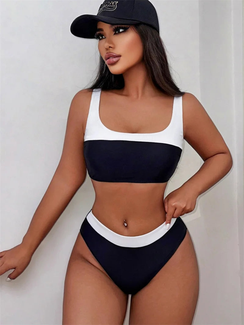 Black Patchwork Bandeau Swimwear Mid Waist Bikini Sets 2024 Sexy Women Swimsuit Brazilian Biquini Bathing Suit