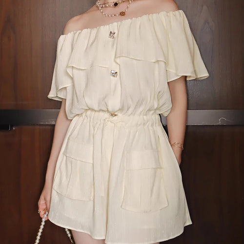 Load image into Gallery viewer, Solid Spliced Button Elegant Rompers for Women Slash Neck Short Sleeves Patchwork Ruffles Folds Romper Female New
